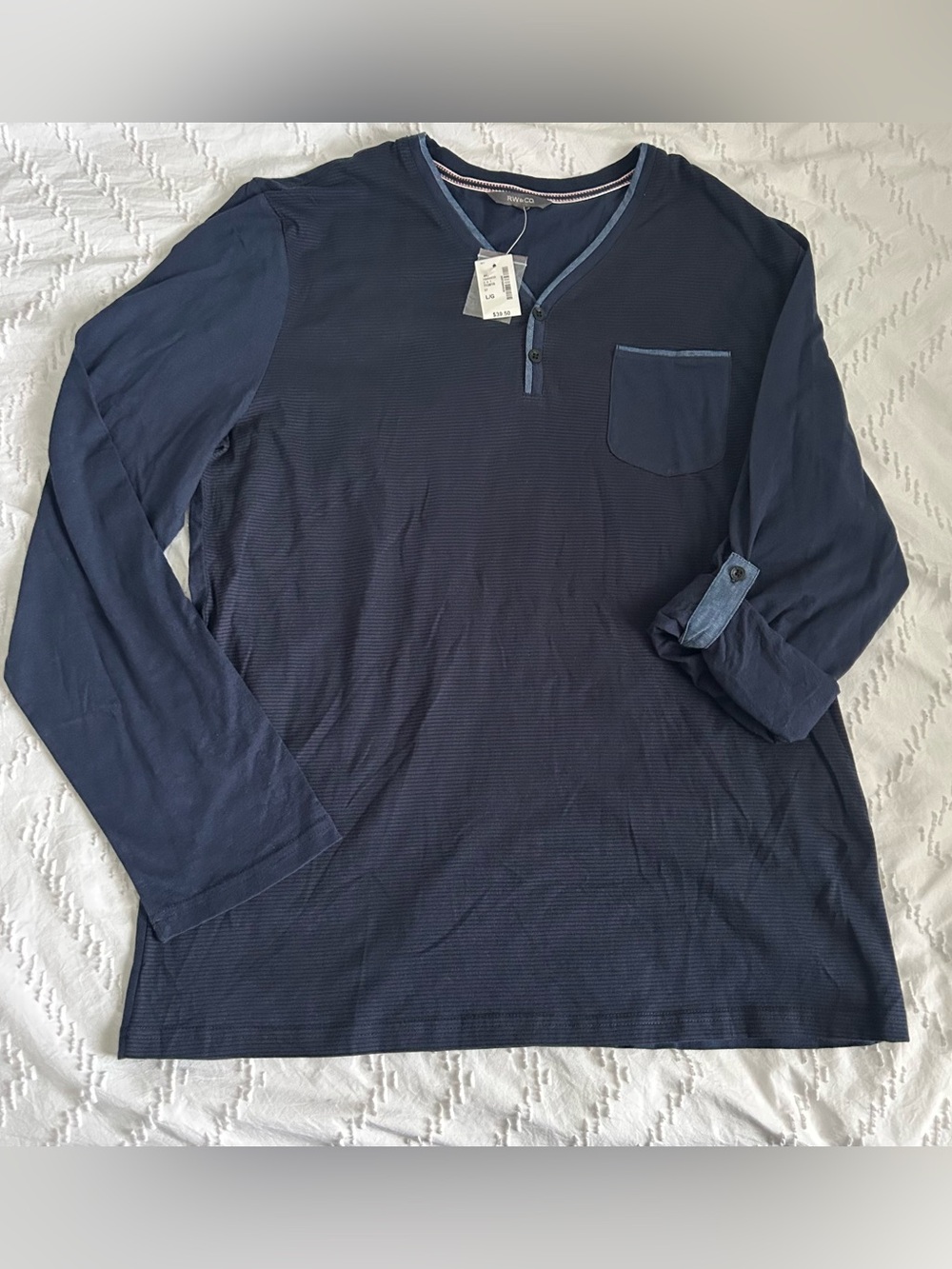 Men's Long Sleeve Roll-Tab Henley T-Shirt RW&Co Blue Size Large NWT NEW